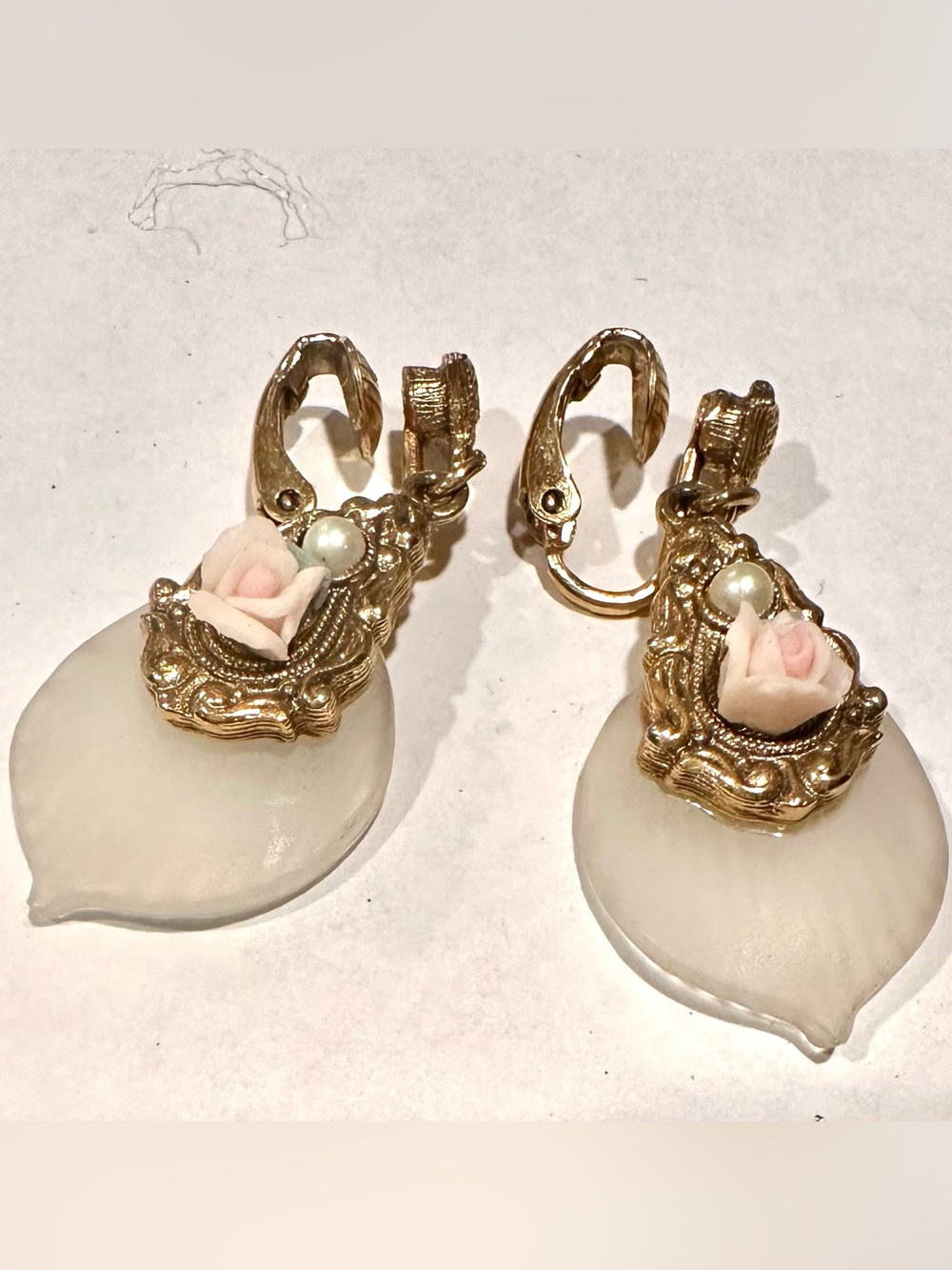 Gold-Tone Floral Pearl Drop Earrings with White Petal and Pink Rose